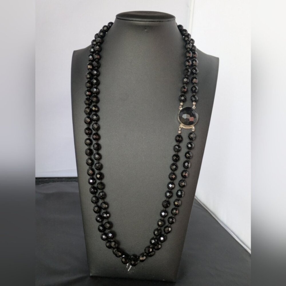 Vintage Layered Multi Strand Black Glass Bead 24" Long Necklace.